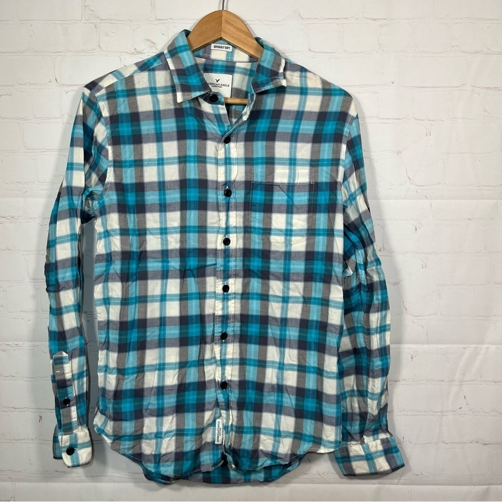 American Eagle Seriously Soft Plaid Flannel Shirt Mens Size Small Blue